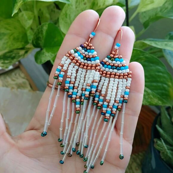 Boho Chic Seed Bead Dangle Earrings, Copper Jewelry, Statement Artisan 4" - Picture 5 of 7